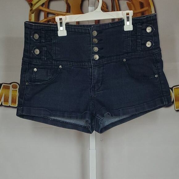Almost Famous Women’s Blue High Waist Button Front Denim Shorts Size 13 - Picture 1 of 7